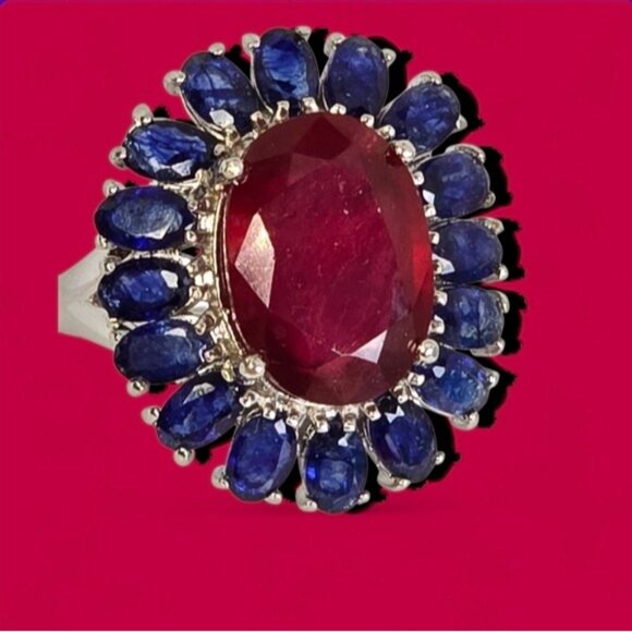 925 Sterling Silver Ring wirh Natural Ruby 10X14mm & Blue Sapphire Gems - Picture 11 of 11